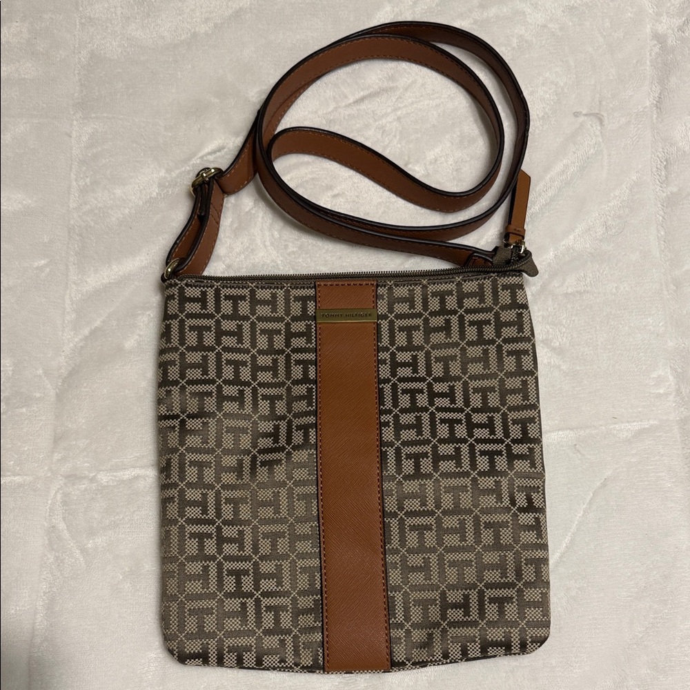 Tommy Hilfiger Brown and Tan Patterned Crossbody Bag